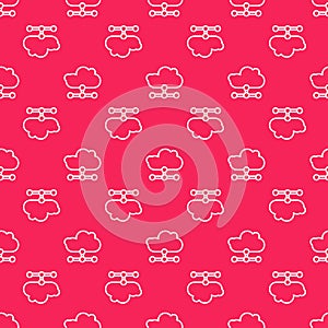 White line Network cloud connection icon isolated seamless pattern on red background. Social technology. Cloud computing