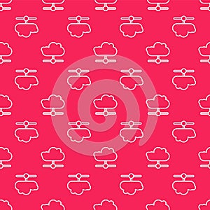 White line Network cloud connection icon isolated seamless pattern on red background. Social technology. Cloud computing