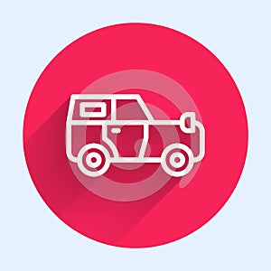 White line Off road car icon isolated with long shadow. Jeep sign. Red circle button. Vector