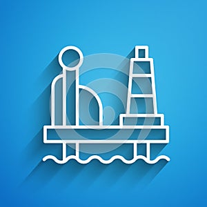 White line Oil platform in the sea icon isolated on blue background. Drilling rig at sea. Oil platform, gas fuel