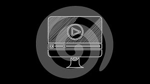 White line Online play video icon isolated on black background. Computer monitor and film strip with play sign. 4K Video