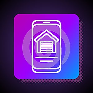 White line Online real estate house on smartphone icon isolated on black background. Home loan concept, rent, buy