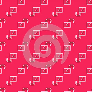 White line Open padlock icon isolated seamless pattern on red background. Opened lock sign. Cyber security concept