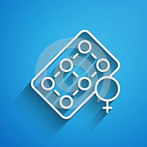 White line Packaging of birth control pills icon isolated on blue background. Contraceptive pill. Long shadow. Vector