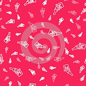 White line Paint bucket with brush icon isolated seamless pattern on red background. Vector