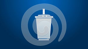 White line Paper glass with drinking straw and water icon isolated on blue background. Soda drink glass. Fresh cold