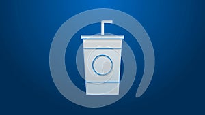 White line Paper glass with drinking straw and water icon isolated on blue background. Soda drink glass. Fresh cold