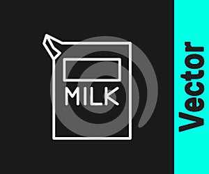 White line Paper package for milk icon isolated on black background. Milk packet sign. Vector