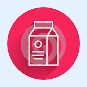 White line Paper package for milk icon isolated with long shadow background. Milk packet sign. Red circle button. Vector