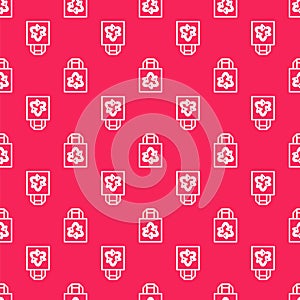 White line Paper shopping bag with recycle icon isolated seamless pattern on red background. Bag with recycling symbol