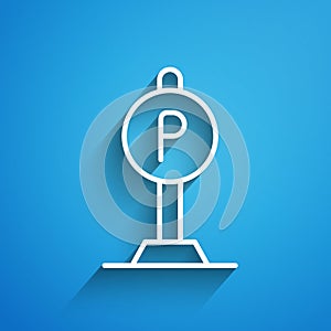 White line Parking icon isolated on blue background. Street road sign. Long shadow. Vector
