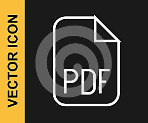 White line PDF file document. Download pdf button icon isolated on black background. PDF file symbol. Vector