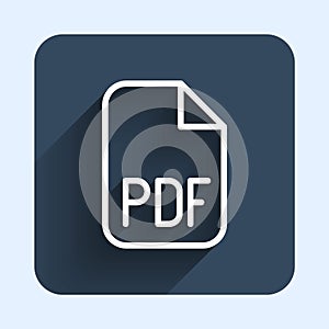 White line PDF file document. Download pdf button icon isolated with long shadow background. PDF file symbol. Blue