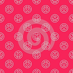 White line Peace icon isolated seamless pattern on red background. Hippie symbol of peace. Vector Illustration