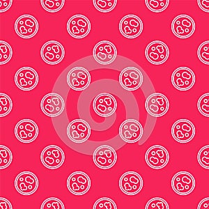 White line Petri dish with bacteria icon isolated seamless pattern on red background. Vector Illustration