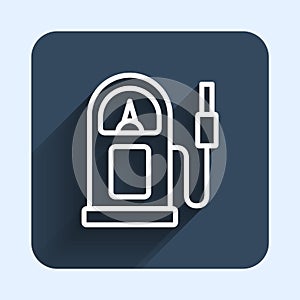 White line Petrol or gas station icon isolated with long shadow background. Car fuel symbol. Gasoline pump. Blue square