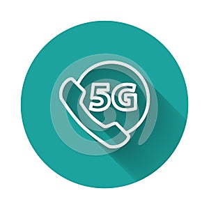 White line Phone with 5G new wireless internet wifi icon isolated with long shadow. Global network high speed connection