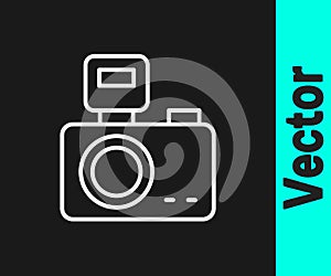 White line Photo camera with lighting flash icon isolated on black background. Foto camera. Digital photography. Vector