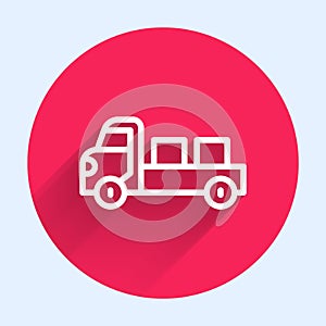 White line Pickup truck icon isolated with long shadow. Red circle button. Vector