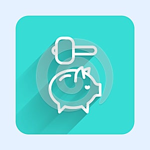 White line Piggy bank and hammer icon isolated with long shadow. Icon saving or accumulation of money, investment. Green