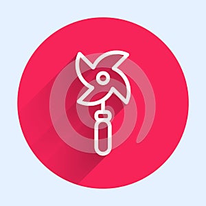 White line Pinwheel toy icon isolated with long shadow background. Windmill toy icon. Red circle button. Vector