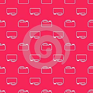 White line Plastic canister for motor machine oil icon isolated seamless pattern on red background. Oil gallon. Oil
