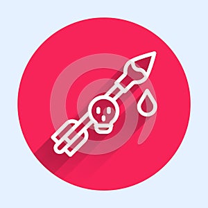 White line Poison on the arrow icon isolated with long shadow background. Poisoned arrow. Red circle button. Vector