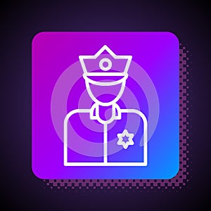 White line Police officer icon isolated on black background. Square color button. Vector