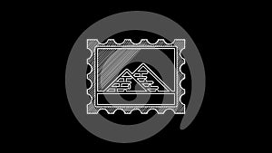 White line Postal stamp and Egypt pyramids icon isolated on black background. 4K Video motion graphic animation