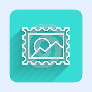 White line Postal stamp icon isolated with long shadow. Green square button. Vector Illustration