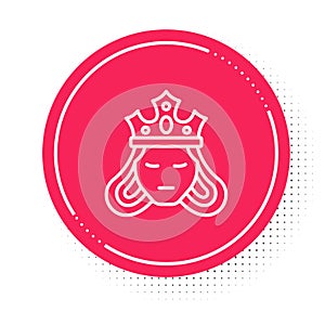 White line Princess or queen wearing her crown icon isolated on white background. Medieval lady. Red circle button