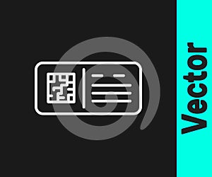White line QR code ticket train icon isolated on black background. Vector