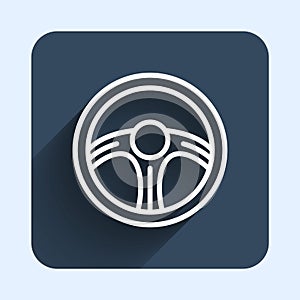 White line Racing steering wheel icon isolated with long shadow background. Car wheel icon. Blue square button. Vector