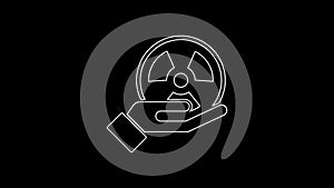 White line Radioactive in hand icon isolated on black background. Radioactive toxic symbol. Radiation Hazard sign. 4K
