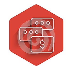 White line Real estate business concept with speech bubbles icon isolated with long shadow background. Red hexagon