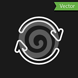 White line Refresh icon isolated on black background. Reload symbol. Rotation arrows in a circle sign. Vector