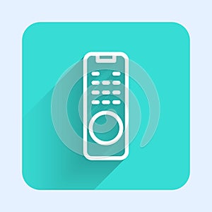 White line Remote control icon isolated with long shadow background. Green square button. Vector