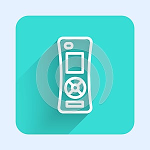 White line Remote control icon isolated with long shadow. Green square button. Vector