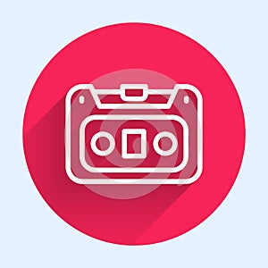 White line Retro audio cassette tape icon isolated with long shadow background. Red circle button. Vector