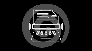 White line Retro typewriter and paper sheet icon isolated on black background. 4K Video motion graphic animation