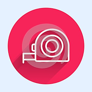 White line Roulette construction icon isolated with long shadow background. Tape measure symbol. Red circle button