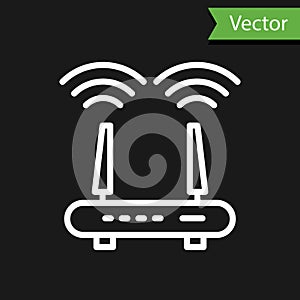 White line Router and wi-fi signal icon isolated on black background. Wireless ethernet modem router. Computer