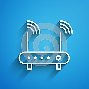 White line Router and wi-fi signal symbol icon isolated on blue background. Wireless ethernet modem router. Computer