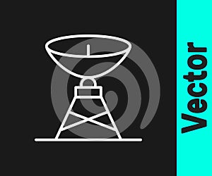 White line Satellite dish icon isolated on black background. Radio antenna, astronomy and space research. Vector