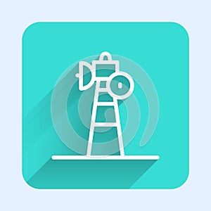 White line Satellite dish icon isolated with long shadow background. Radio antenna, astronomy and space research. Green
