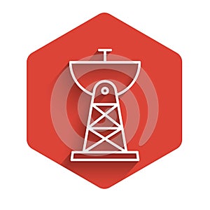 White line Satellite dish icon isolated with long shadow. Radio antenna, astronomy and space research. Red hexagon