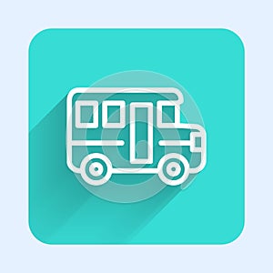White line School Bus icon isolated with long shadow. Public transportation symbol. Green square button. Vector