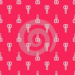 White line Scissors hairdresser icon isolated seamless pattern on red background. Hairdresser, fashion salon and barber