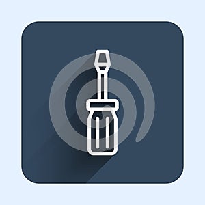White line Screwdriver icon isolated with long shadow background. Service tool symbol. Blue square button. Vector