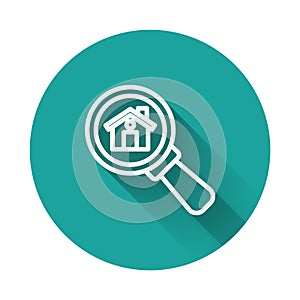 White line Search house icon isolated with long shadow background. Real estate symbol of a house under magnifying glass